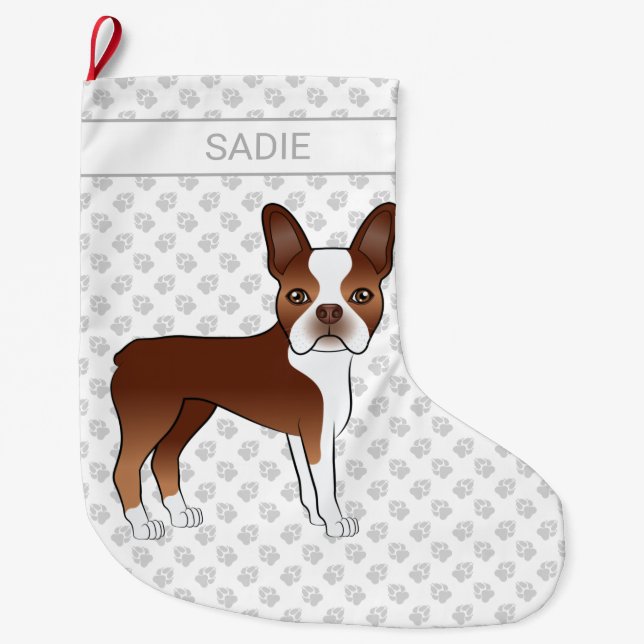 Red Boston Terrier Cute Cartoon Dog & Custom Name Large Christmas Stocking (Front)