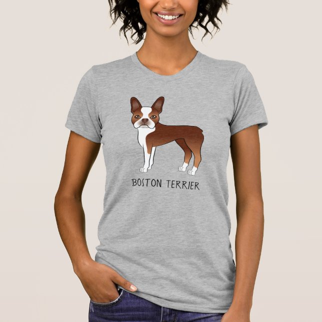 Red Boston Terrier Cute Cartoon Dog & Custom Text T-Shirt (Front)