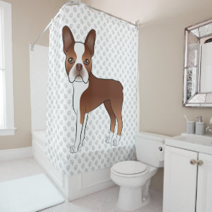 Red Boston Terrier Cute Cartoon Dog Design & Paws Shower Curtain