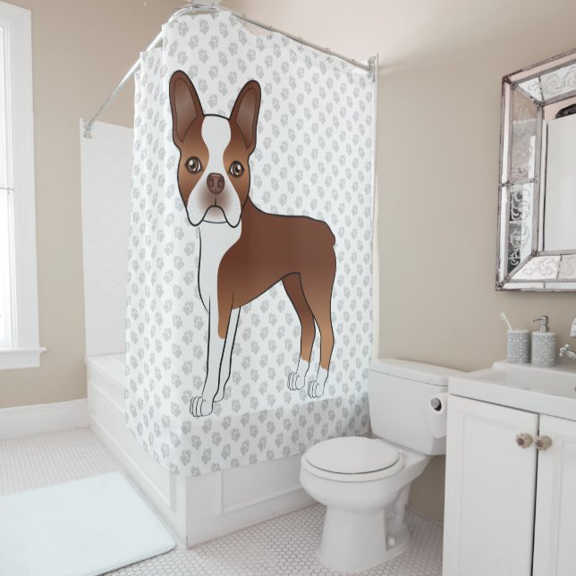 Red Boston Terrier Cute Cartoon Dog Design & Paws Shower Curtain (In Situ)