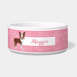 Red Boston Terrier Dog On Pink Hearts And Name