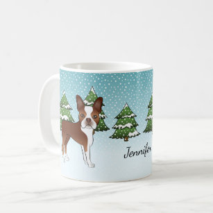 Red Boston Terrier In A Winter Forest & Name Coffee Mug