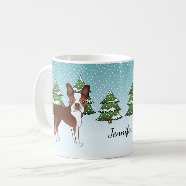 Red Boston Terrier In A Winter Forest & Name Coffee Mug (Front Left)