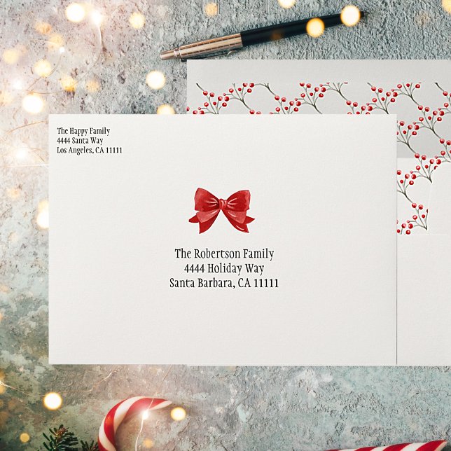 Red Botanical Berries Bow Personalise Envelope (Christmas Envelope with red bow and berries. That you can easily personalize addresses and names.)