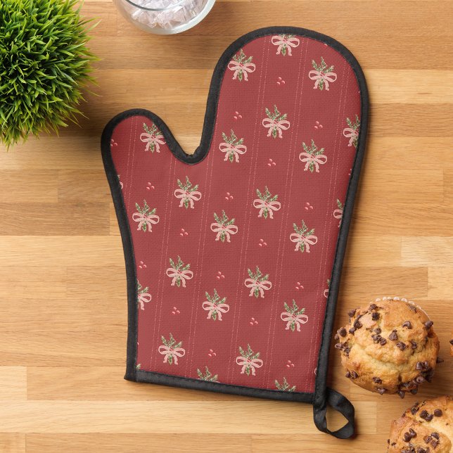 Red Botanical Christmas Oven Mitt (Red Bows & Holly Vintage Botanical Christmas Oven Mitt by Painted Paperie
)