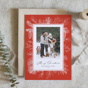 Red Botanical Frame Photo Christmas Holiday Card