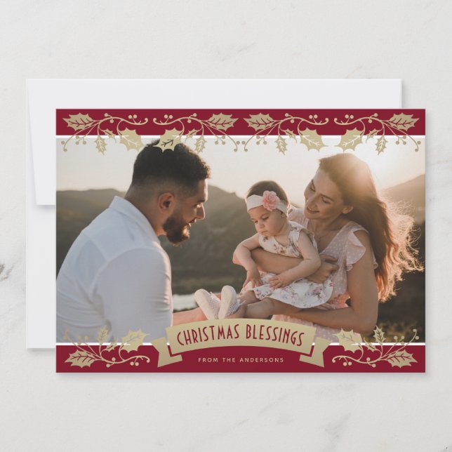 Red Botanical Photo Christmas Blessings Christian Holiday Card (Front)