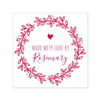 Red Botanical Wreath Made With Love By Self-inking Stamp