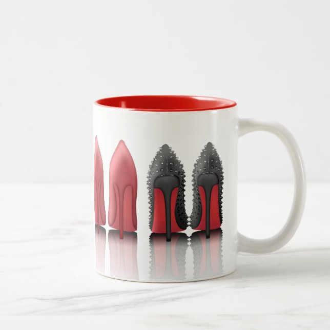 Red bottoms stilettos in leopard, black, studded Two-Tone coffee mug (Right)