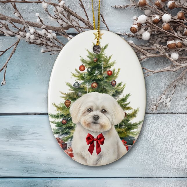 Red Bow Adorable Maltese Dog Christmas Ceramic Ornament (Creator Uploaded)