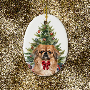 Red Bow Adorable Pekingese Dog Christmas Ceramic Ornament