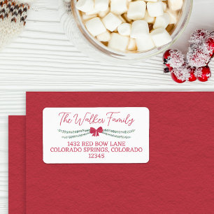 Red Bow-Adorned Garland Christmas Label