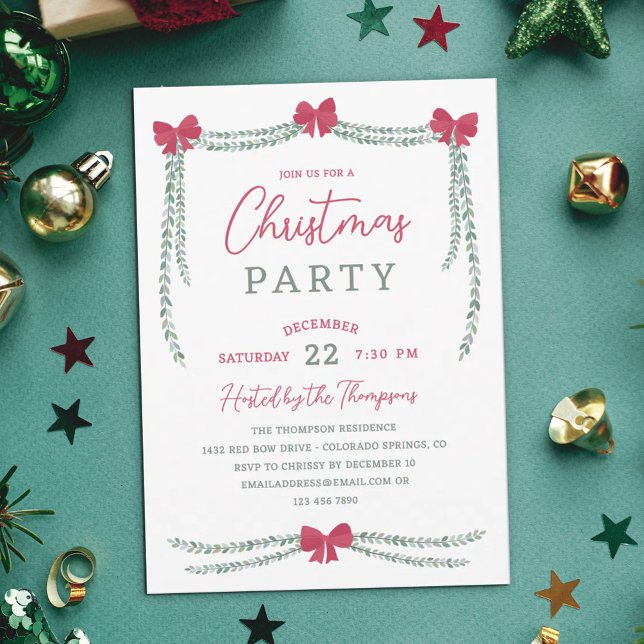 Red Bow-Adorned Garlands Christmas Party Invitation (Creator Uploaded)