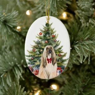 Red Bow Afghan Hound Dog Christmas Ceramic Ornament