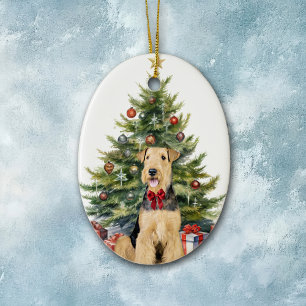 Red Bow Airedale Terrier Dog Christmas Ceramic Ornament