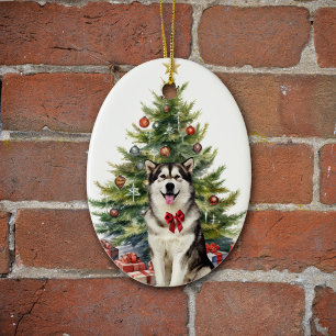 Red Bow Alaskan Malamute Dog Christmas Ceramic Ornament