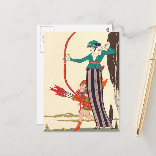 Red Bow Amusement by George Barbier Postcard (Front/Back In Situ)