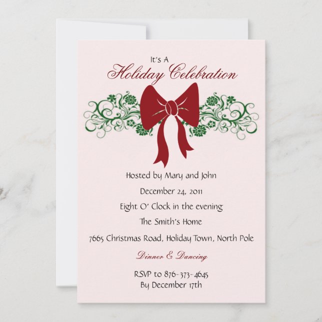 Red Bow And Greens Party Invitations (Front)