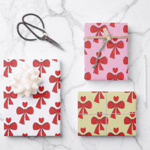 Red Bow and Heart Pattern Wrapping Paper Sheet