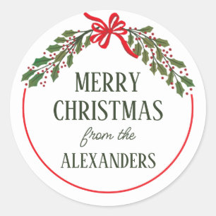 Red Bow and Holly Garland Christmas Classic Round Sticker