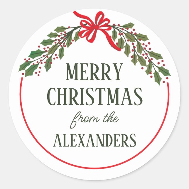 Red Bow and Holly Garland Christmas Classic Round Sticker (Front)