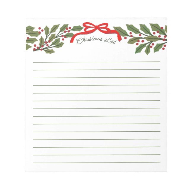 Red Bow and Holly Garland Christmas List Notepad (Front)