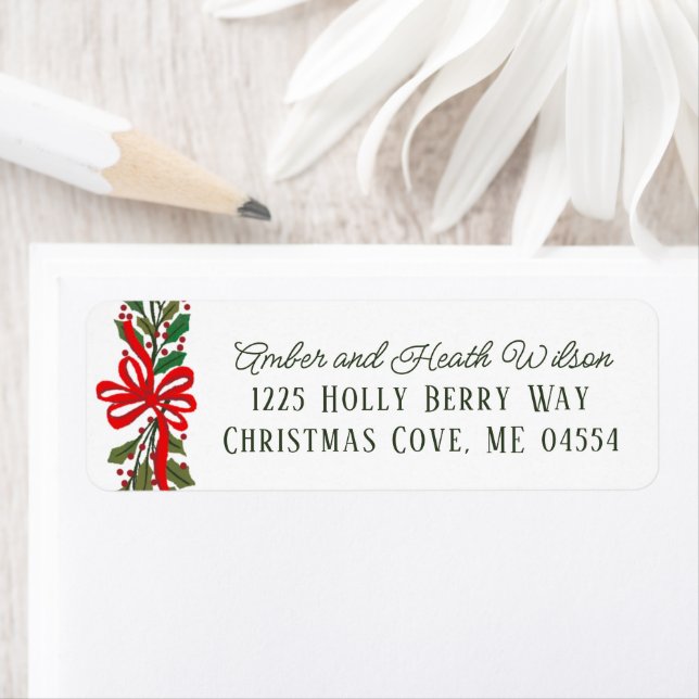 Red Bow and Holly Garland Holiday Return Address Label (Insitu)