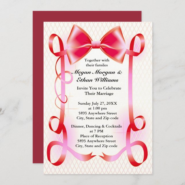 Red Bow and Ribbon Border Wedding Invitation (Front/Back)