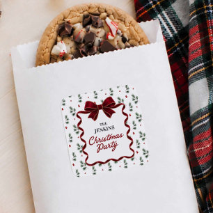 Red Bow and Winter Greenery Christmas Party Square Sticker