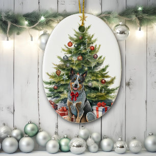 Red Bow Australian Cattle Dog Christmas Ceramic Ornament