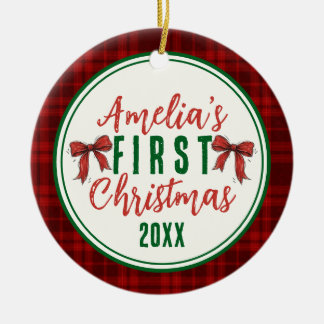 Red Bow Baby's First Christmas Photo Ceramic Ornament