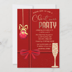  Red Bow,Ball,Champagne Glass Christmas Company  Invitation
