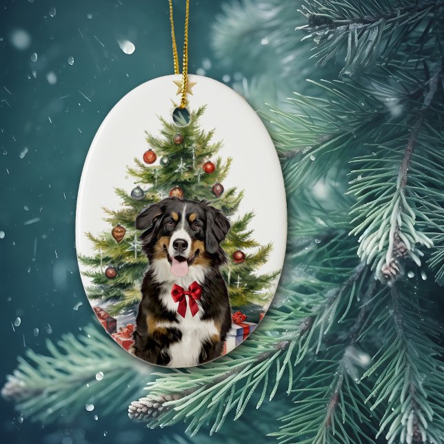Red Bow Bernese Mountain Dog Christmas Ceramic Ornament (Creator Uploaded)