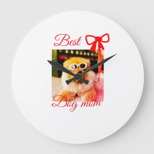 Red bow best dog mum dad photo dog/pet name large clock