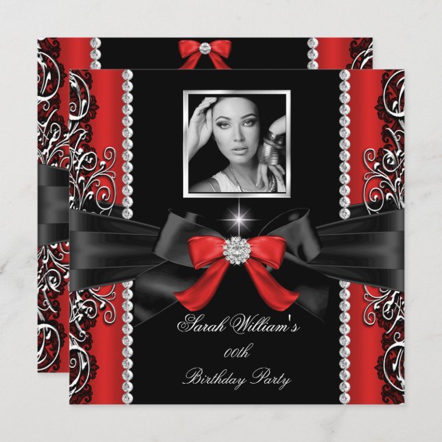 Red Bow Birthday Party Black Silver Photo Invitation (Front/Back)