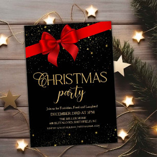 Red Bow Black & Gold Glitter Christmas Holiday Invitation
