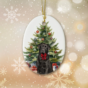 Red Bow Black Labrador Retriever Christmas Ceramic Ornament
