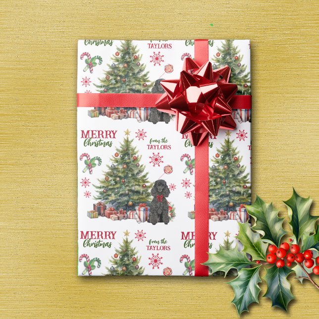 Red Bow Black Standard Poodle Dog Holiday Tree Wrapping Paper (Creator Uploaded)