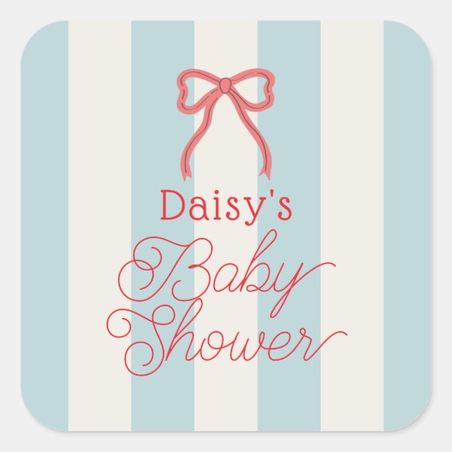 Red Bow & Blue Stripes Baby Shower Square Sticker (Front)