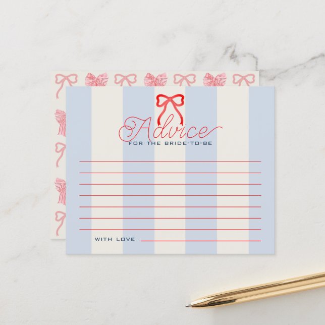 Red Bow Blue Stripes Bridal Shower Advice Card (Front/Back In Situ)