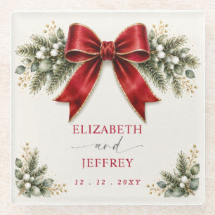 Red Bow Botanical Floral Winter Christmas Wedding Glass Coaster