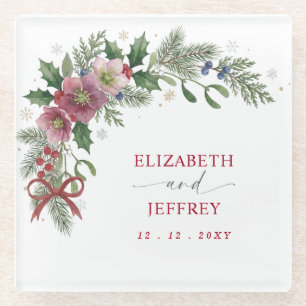 Red Bow Botanical Floral Winter Christmas Wedding Glass Coaster