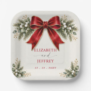 Red Bow Botanical Floral Winter Christmas Wedding Paper Plate