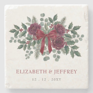 Red Bow Botanical Floral Winter Christmas Wedding Stone Coaster