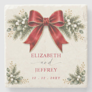 Red Bow Botanical Floral Winter Christmas Wedding Stone Coaster