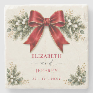 Red Bow Botanical Floral Winter Christmas Wedding Stone Coaster