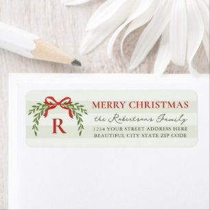 Red Bow Botanical Striped Christmas Return Address Label