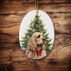 Red Bow Buff Blonde Cocker Spaniel Dog Ceramic Ornament