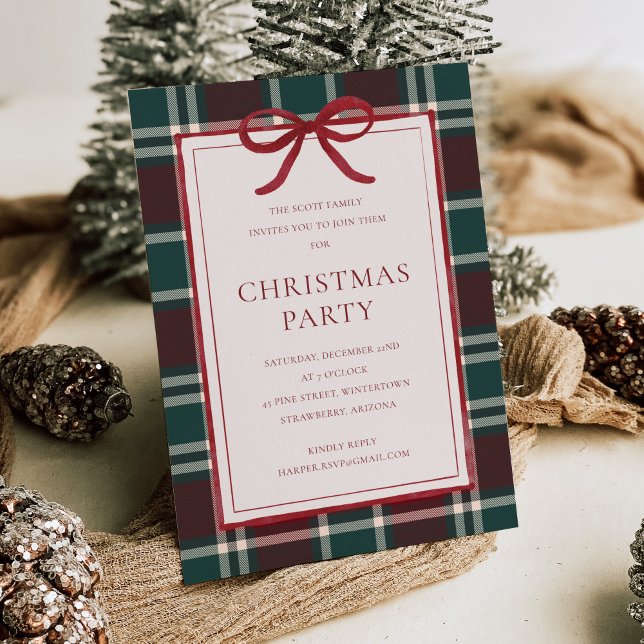 Red Bow Burgundy Green Plaid Christmas Party Invitation (Creator Uploaded)
