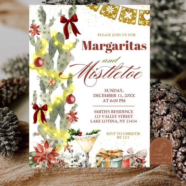 Red bow Cactus Christmas Margaritas and Mistletoe Invitation (Creator Uploaded)